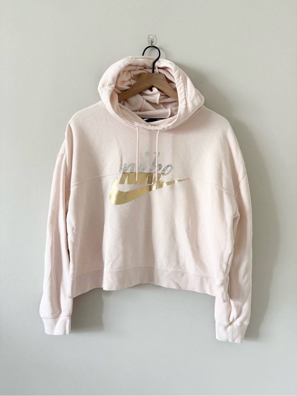 Nike Light Pink Cropped Hoodie with Metallic Gold Silver Logo Size L